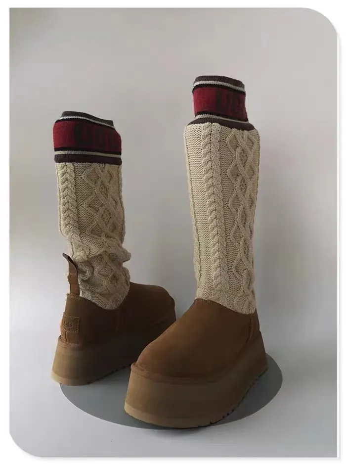💰600 UGG sheepskin all-in-one snow boots 4045 UGG snow boots new winter pure hand-knitted wool socks and fur all-in-one warm anti-slip high cotton boots Color: maroon black Matching code: 35-40